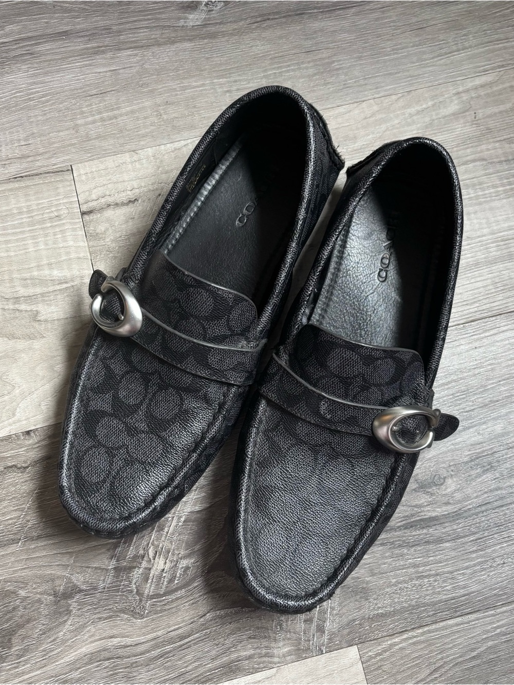 COACH Charcoal Signature Crosby C Buckle Driver Loafers
